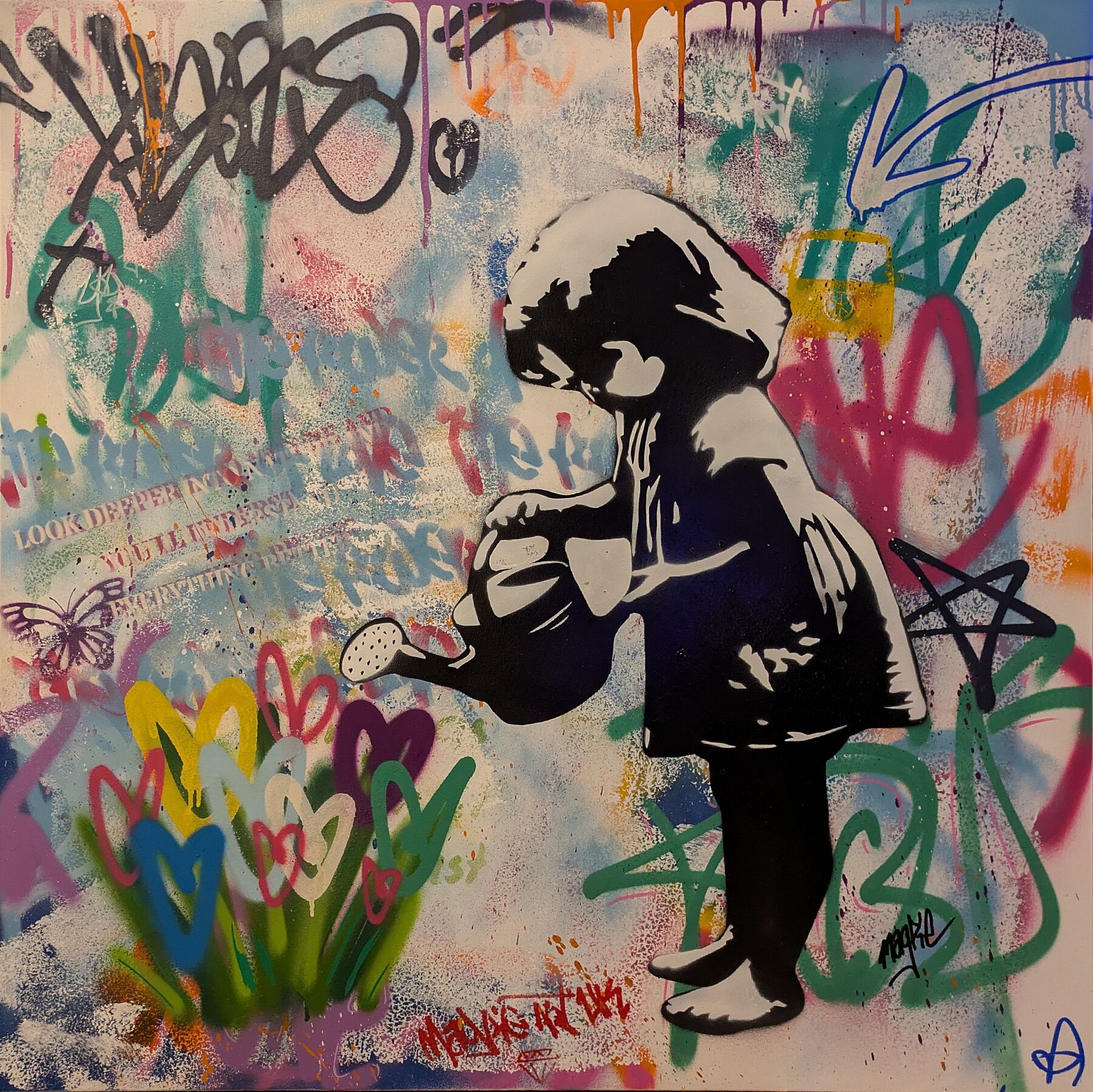 Magpie art girl with watering can