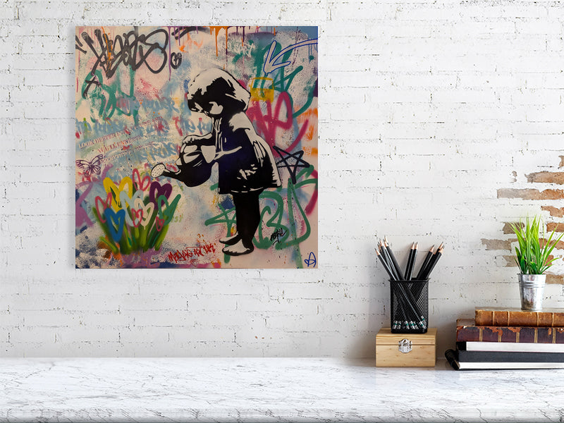 Magpie art girl with watering can