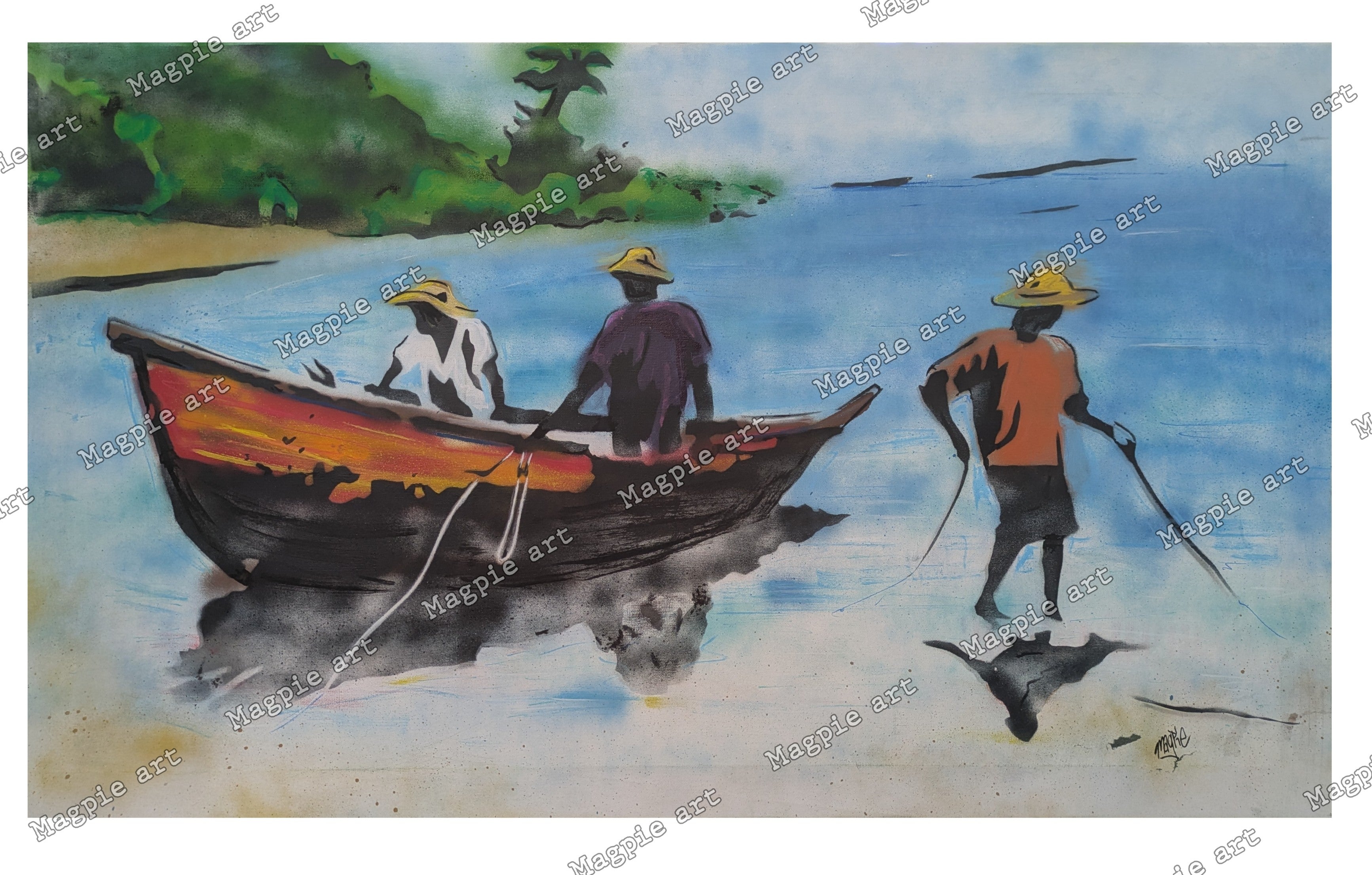 Magpie street art Caribbean fishing