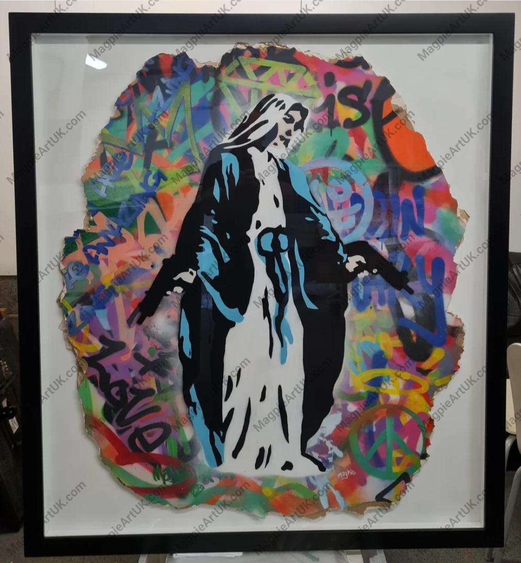Virgin Mary Uzi magpie art